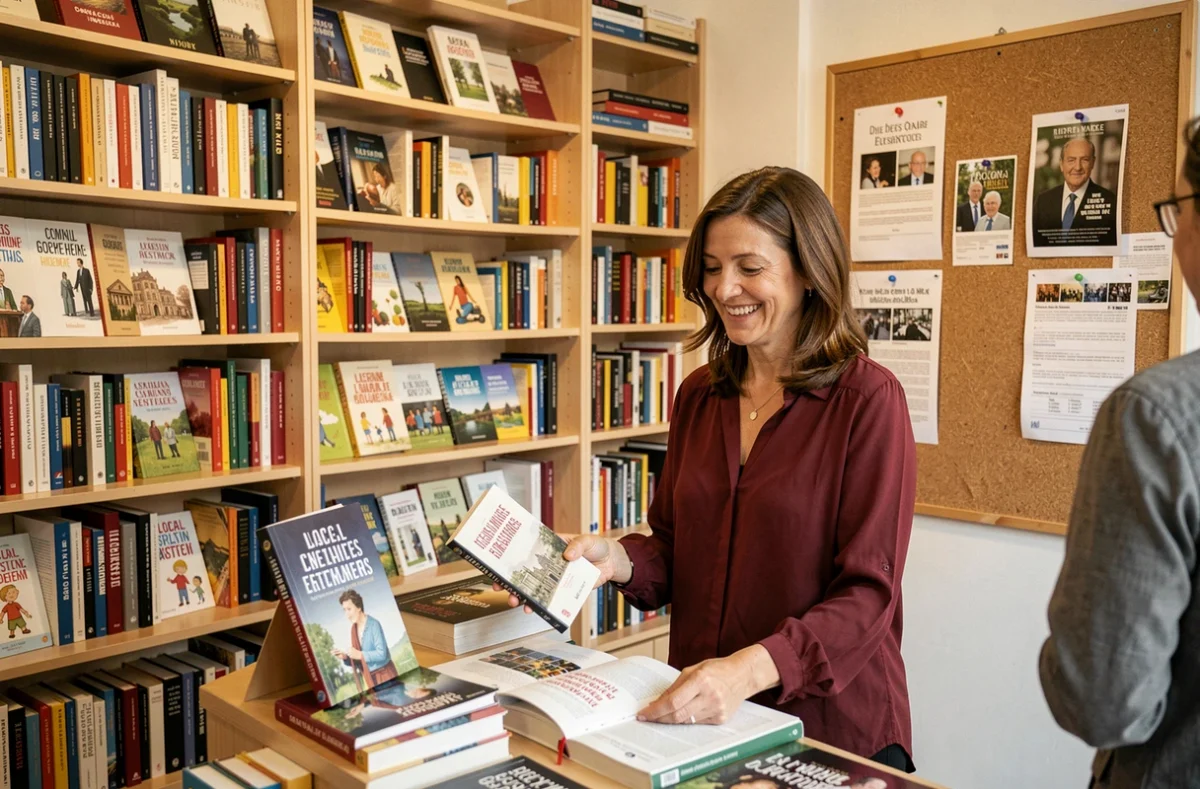 Intérieur de la librairie Canova en banlieue parisienne avec une libraire souriant lors d'un conseil lecture à un client