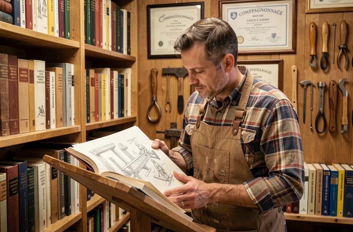 Intérieur de la Librairie du Compagnonnage à Paris avec un artisan consultant un manuel illustré sur les métiers traditionnels