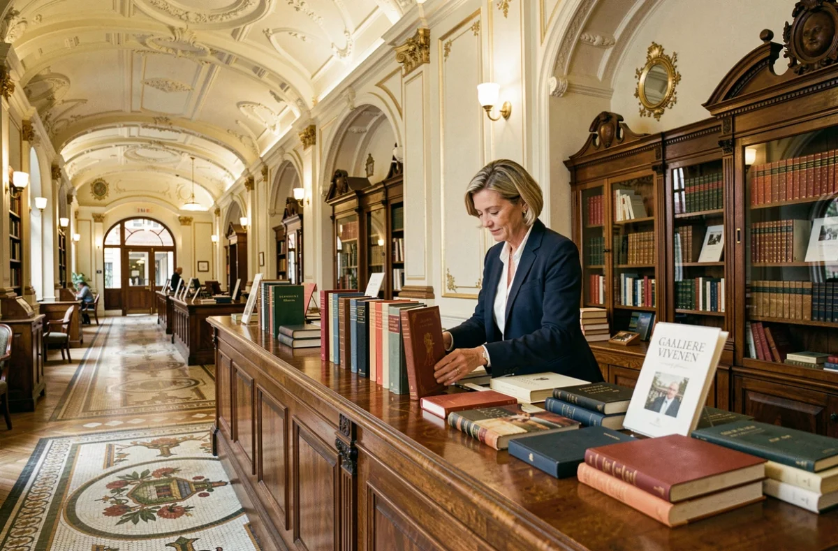 Intérieur classique de la librairie Delamain dans la Galerie Vivienne à Paris avec une libraire arrangeant des livres rares