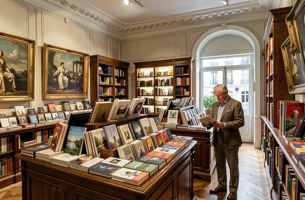 Intérieur raffiné de la librairie Galignani à Paris avec un homme parcourant un catalogue d'art sur une table d'exposition en bois