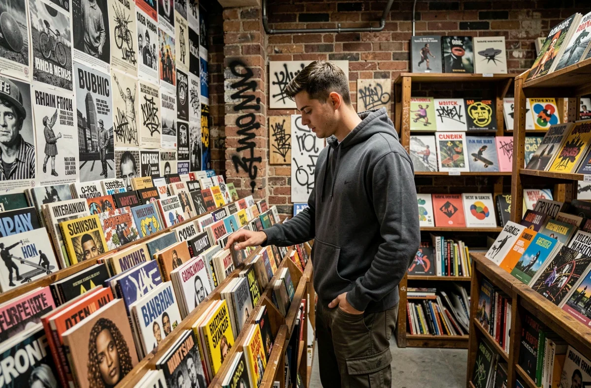 Intérieur de la librairie Le Genre Urbain à Paris avec un jeune homme parcourant des zines de culture urbaine sur un présentoir