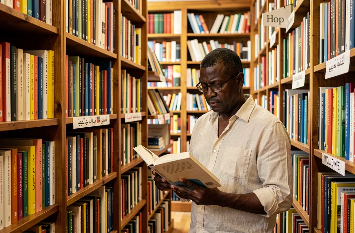 Intérieur de la librairie L'Harmattan à Paris avec ses rayons de livres internationaux et un client qui parcourt une collection africaine