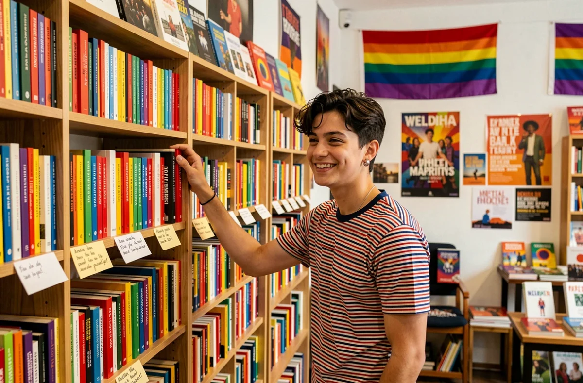 Intérieur de la librairie Les Mots à la Bouche au Marais avec une personne réapprovisionnant les rayons de livres LGBTQ+