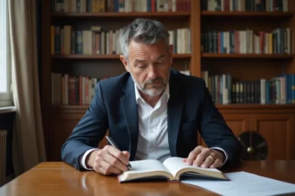 Linguiste français lisant un livre de grammaire dans un appartement