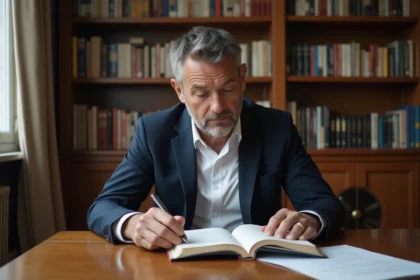 Linguiste français lisant un livre de grammaire dans un appartement