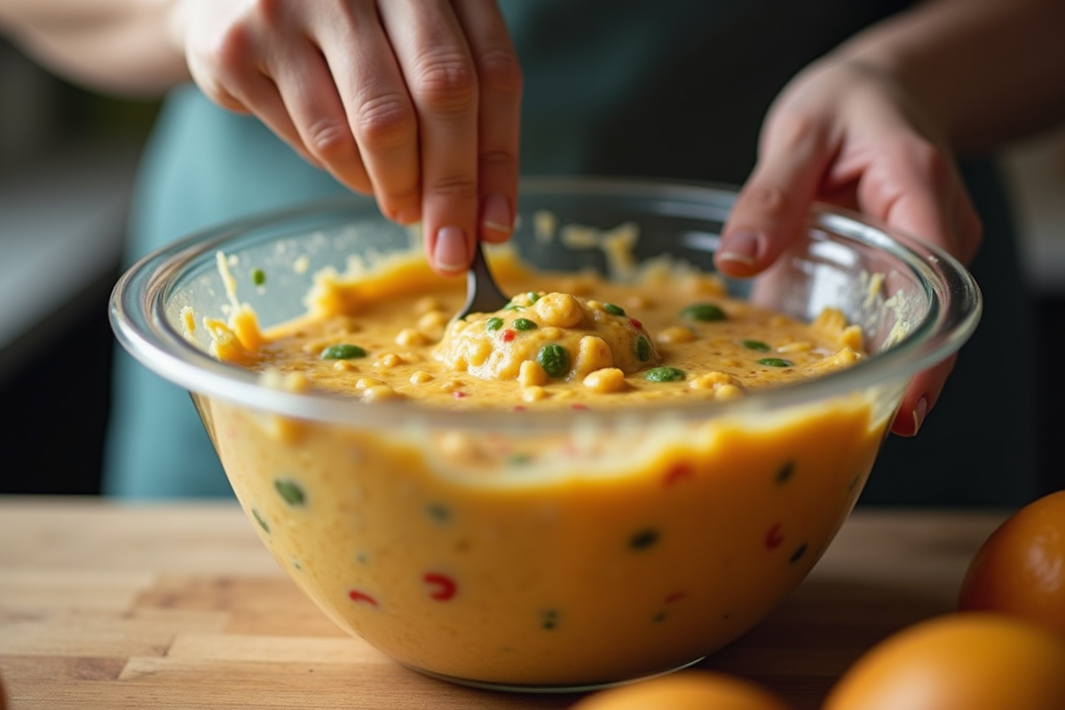 Mains mélangeant une pâte à muffins salés avec fromage et légumes