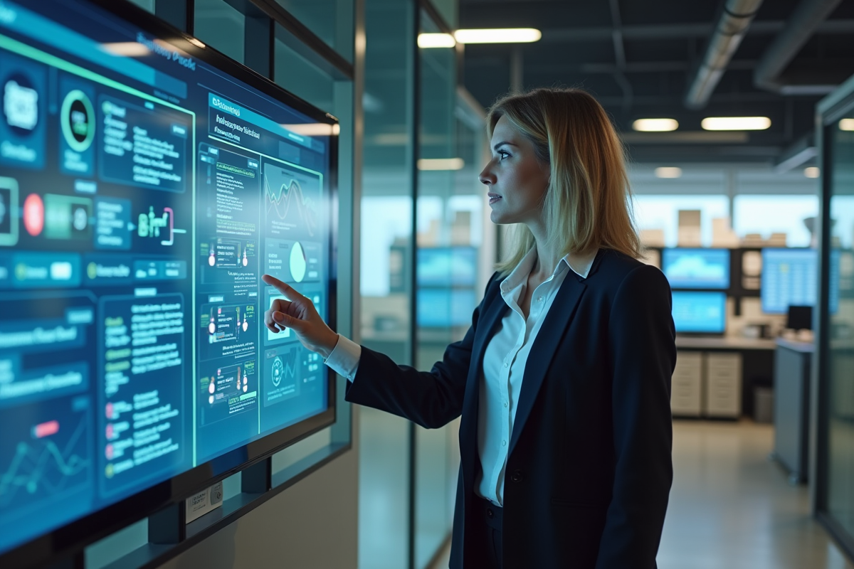 Manager IT utilisant tableau blanc numérique en workspace