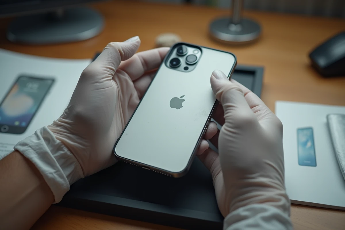 Mains gantées tenant un iPhone première génération au-dessus d'un plateau de collection avec documentation Apple vintage