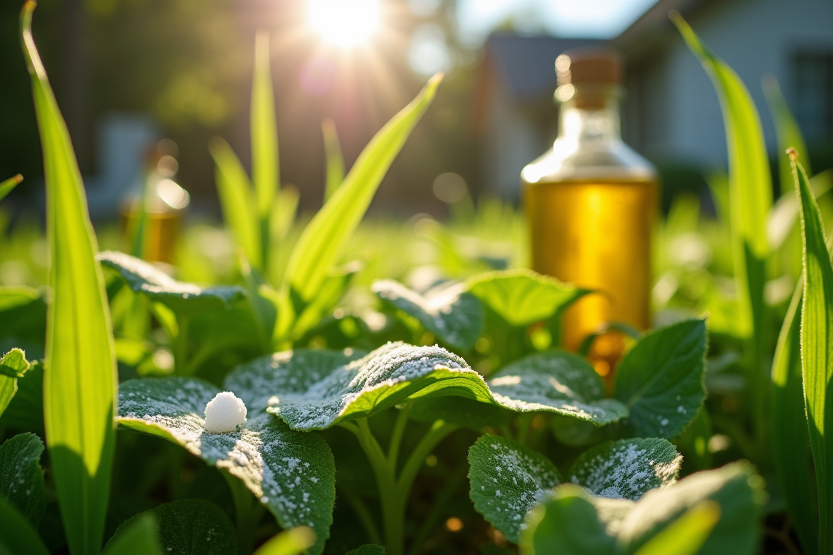 Gros plan de mauvaises herbes vertes avec sel et vinaigre en arrière-plan