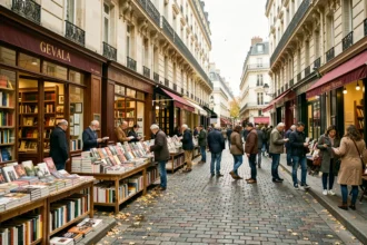 Vue d'une rue de librairies indépendantes à Paris avec des étals de livres sur le trottoir pavé en automne
