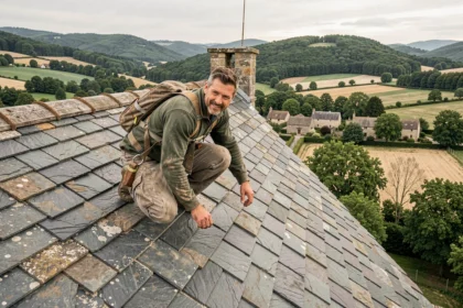 Couvreur professionnel travaillant sur un toit en ardoise d'une ferme en pierre traditionnelle de Corrèze avec paysage vallonné en arrière-plan