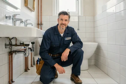 Plombier professionnel en Saône-et-Loire travaillant sous un évier de salle de bain moderne
