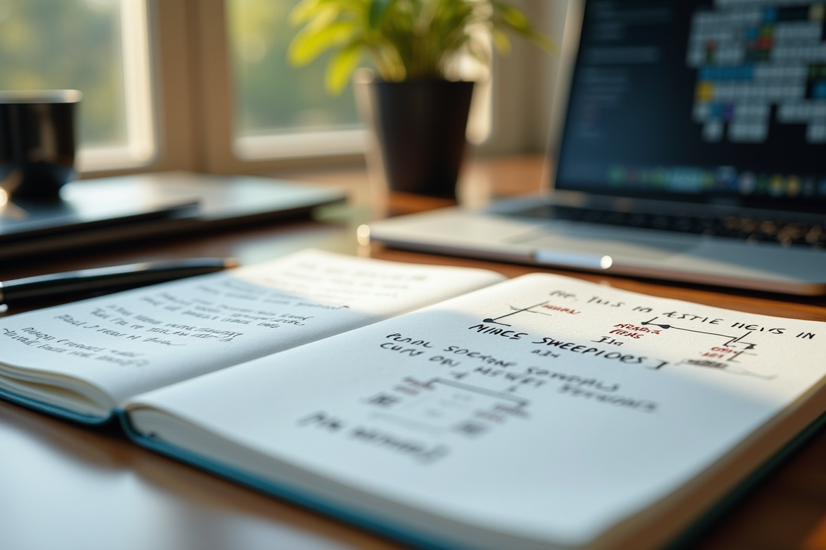 Cahier avec notes et diagrammes sur Minesweeper sur un bureau lumineux