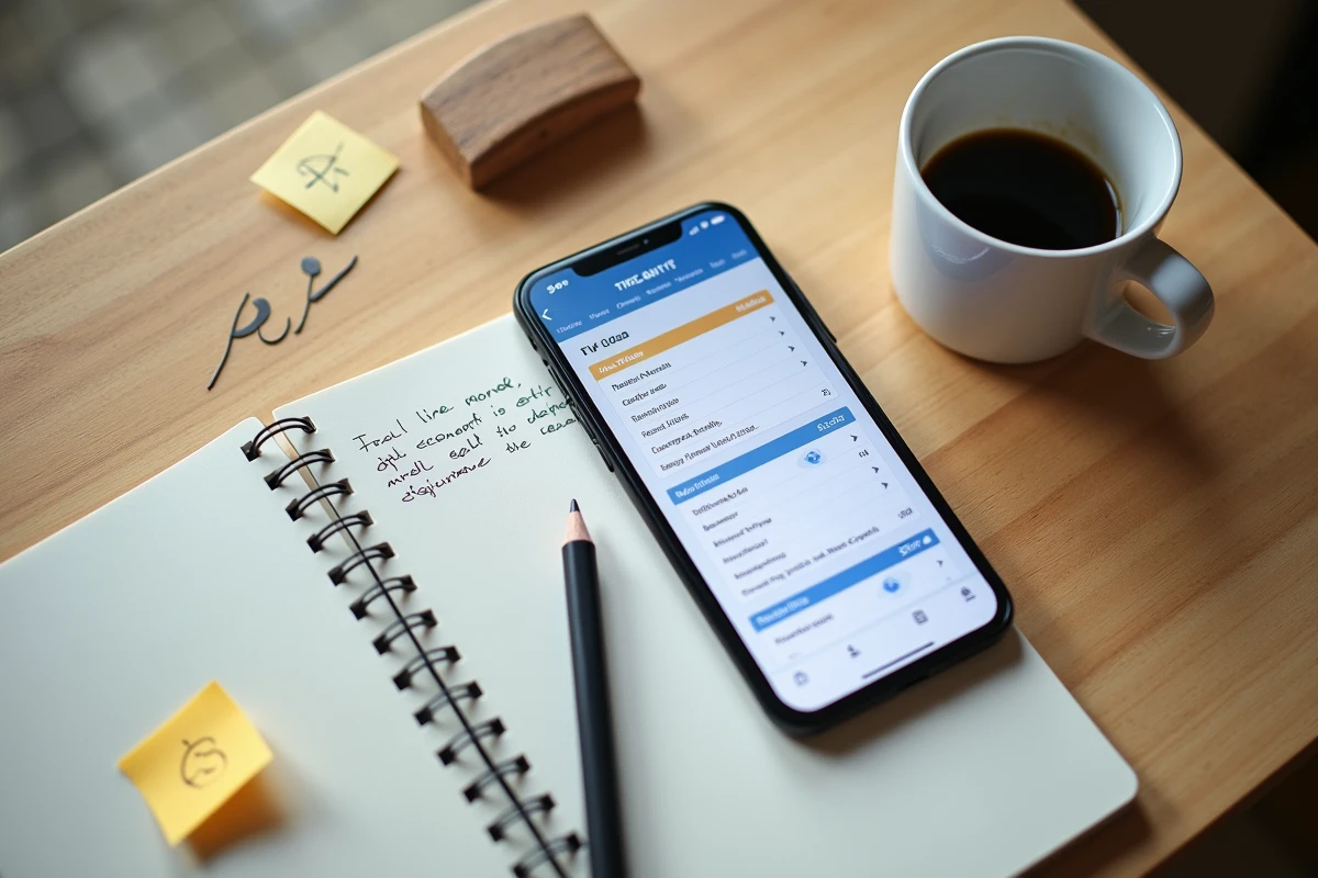 Vue aérienne d'un bureau avec notes de stratégie TFT manuscrites et application de gestion d'économie sur smartphone