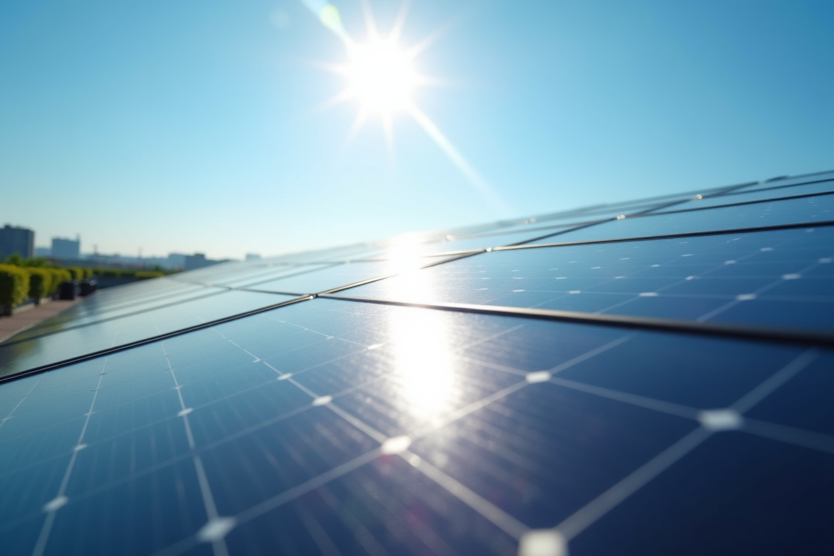 Zoom sur panneaux solaires reflétant le ciel bleu ensoleillé