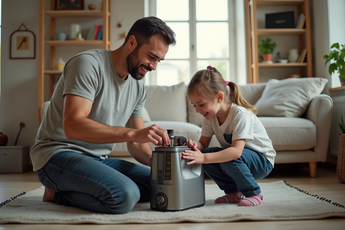 Père montrant une réparation à sa fille dans le salon