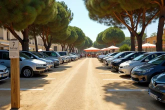 Parking extérieur en gravier près du marché de Le Barcarès en été avec rangées de voitures et panneaux de stationnement