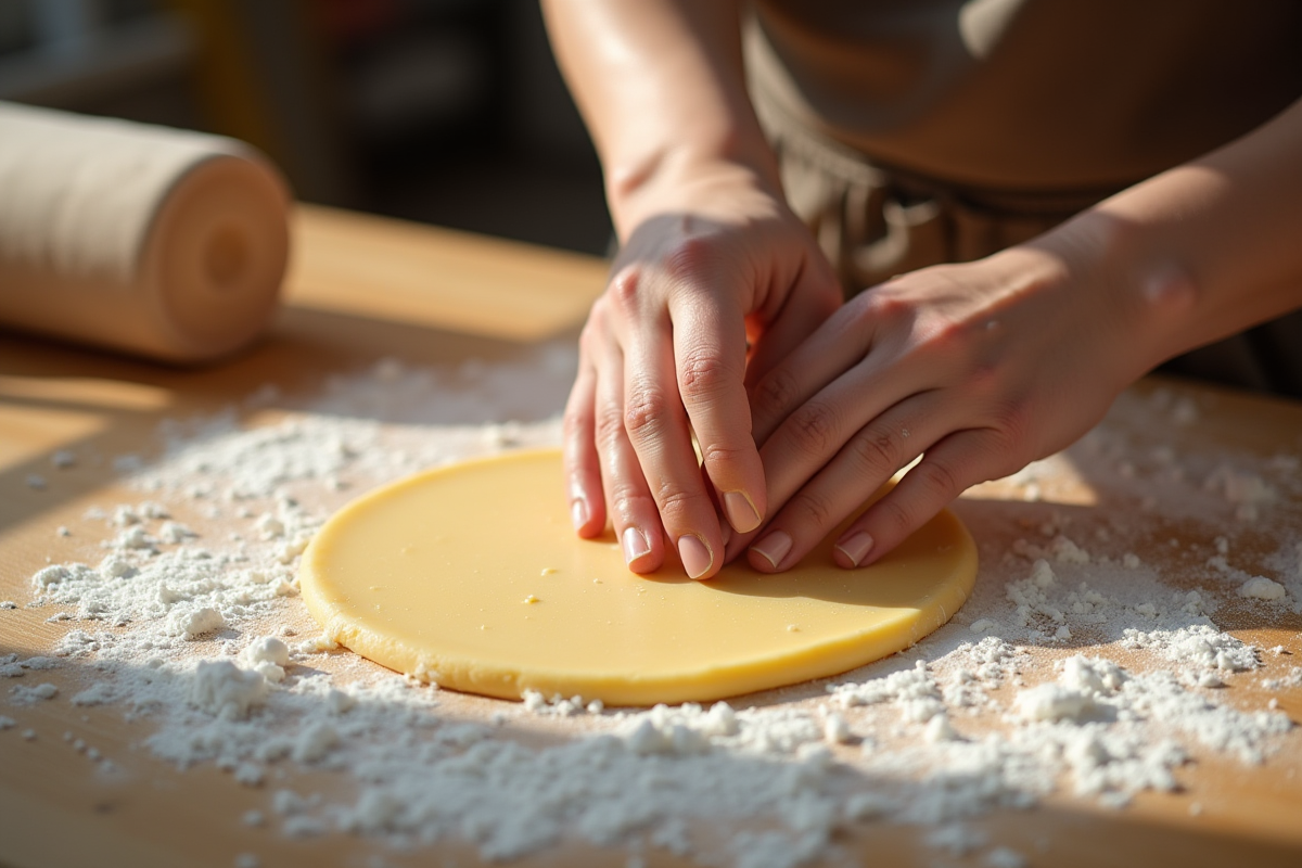 Mains d’un boulanger pétrissant du marzipan pastel sur une table farinée