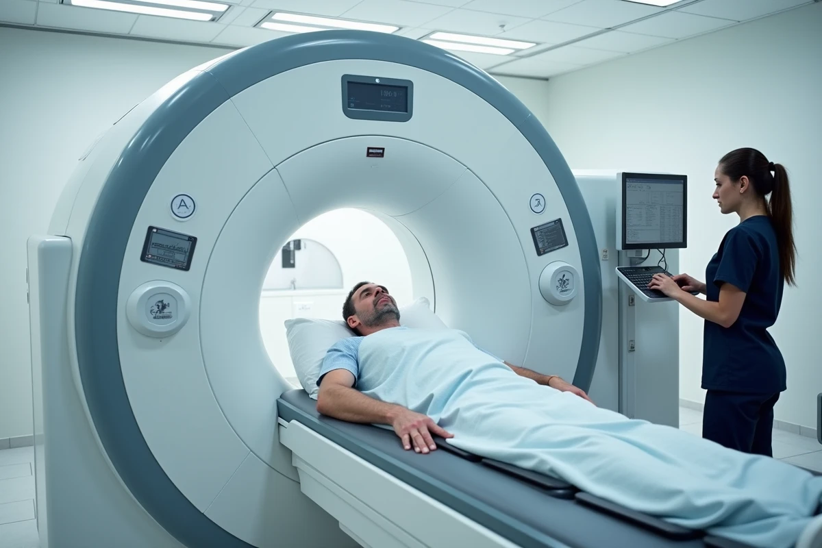 Patient allongé dans un scanner IRM avec une technicienne médicale au poste de contrôle en arrière-plan