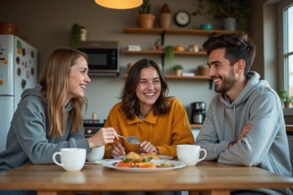 Trois jeunes adultes autour d'un petit déjeuner convivial