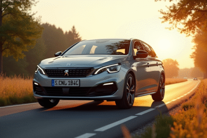 Voiture Peugeot 308 2021 sur route ensoleillee