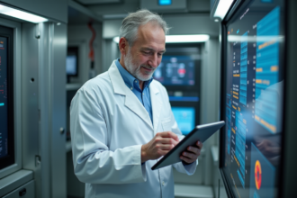 Physicien en blouse blanche utilisant un accélérateur de particules