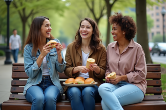 Groupe d'amis partageant un pique-nique dans un parc urbain