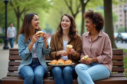 Groupe d'amis partageant un pique-nique dans un parc urbain