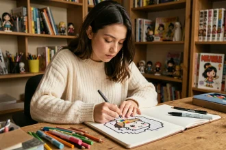 Jeune femme coloriant un pixel art kawaii Disney noir et blanc dans un carnet de croquis sur un bureau en bois entouré de crayons de couleur