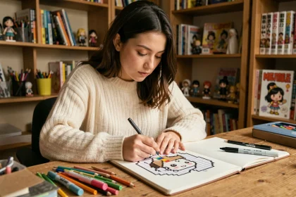 Jeune femme coloriant un pixel art kawaii Disney noir et blanc dans un carnet de croquis sur un bureau en bois entouré de crayons de couleur