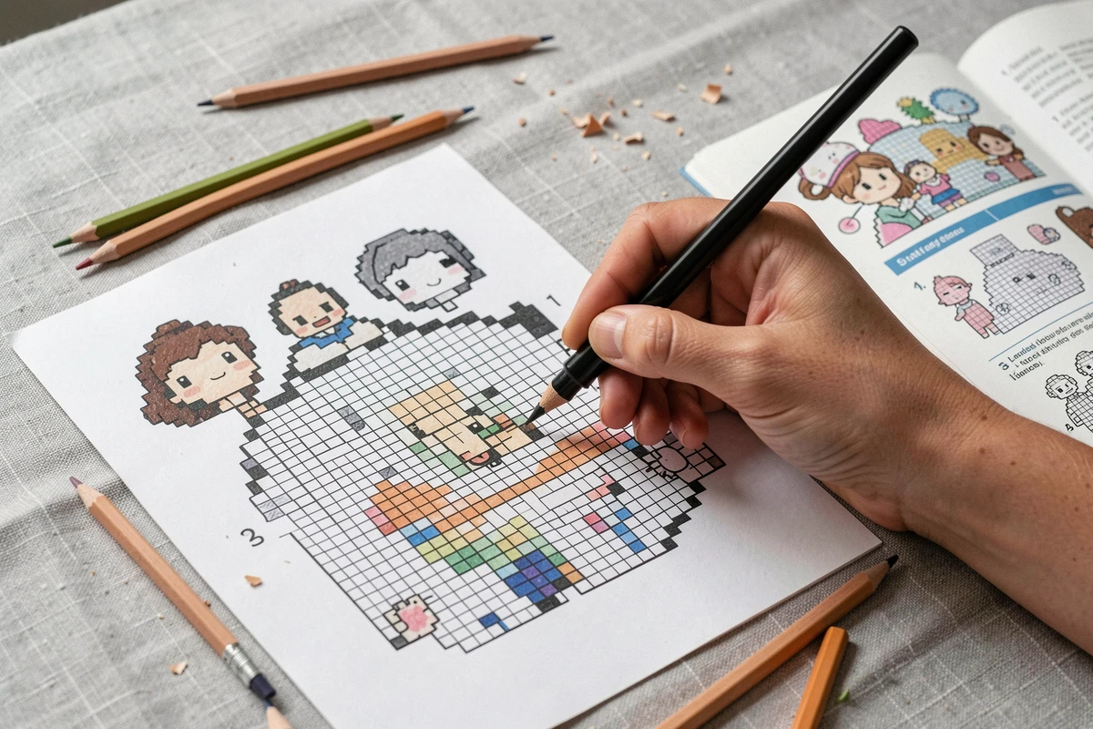 Gros plan de mains féminines coloriant pas à pas un pixel art kawaii Disney noir et blanc avec un feutre fin et un guide illustré ouvert