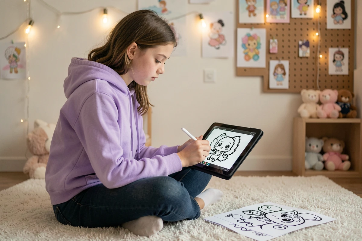 Adolescente coloriant un pixel art kawaii Disney noir et blanc sur tablette numérique dans sa chambre avec une feuille de référence imprimée