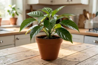 Plant de kaloupilé aux feuilles vertes dans un pot en terre cuite