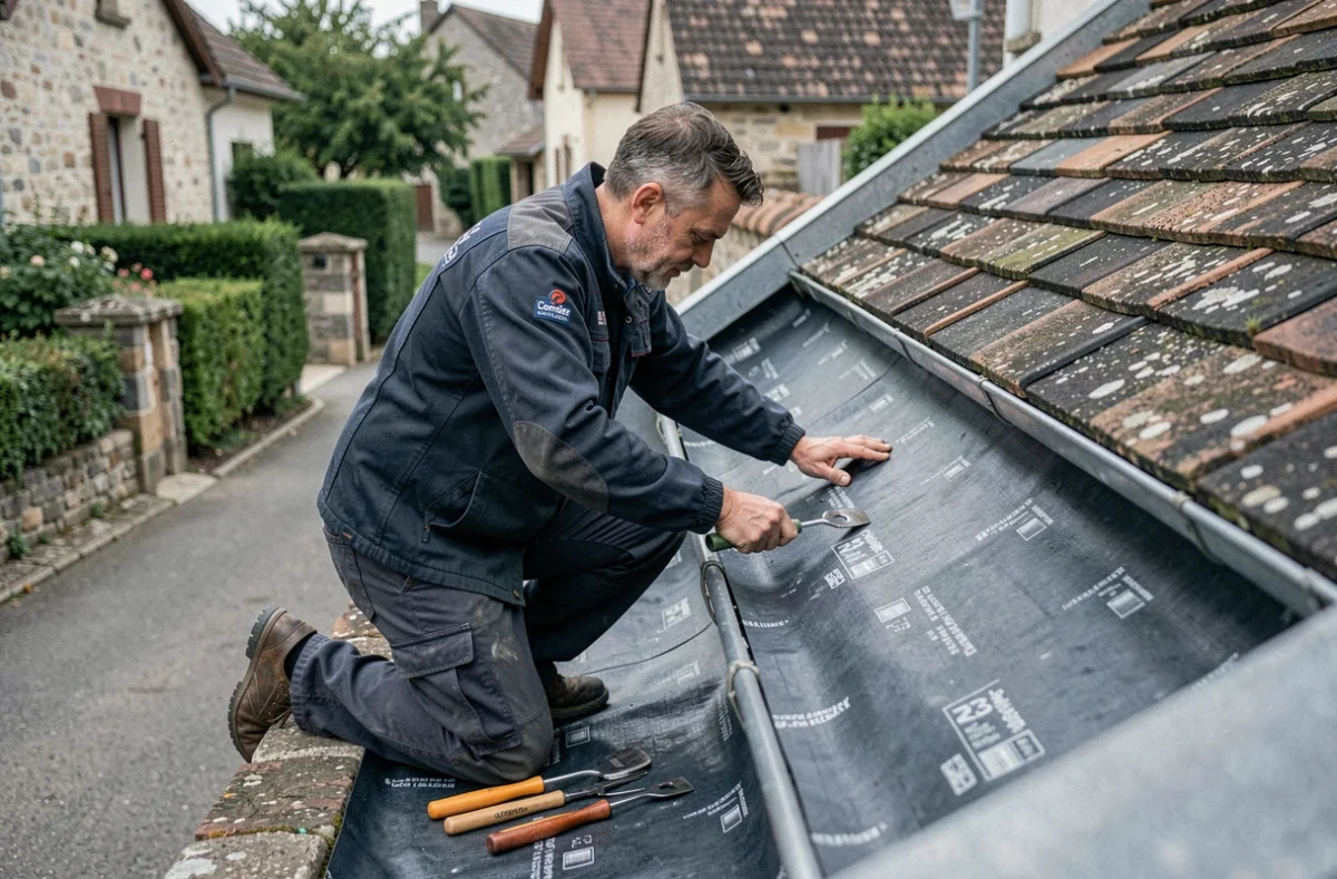 Couvreur de Poirier Couverture Étanchéité appliquant une membrane d'étanchéité sur la rive d'un toit en Corrèze