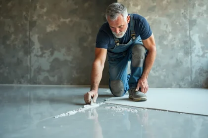 Hommes appliquant de la résine époxy sur un sol intérieur