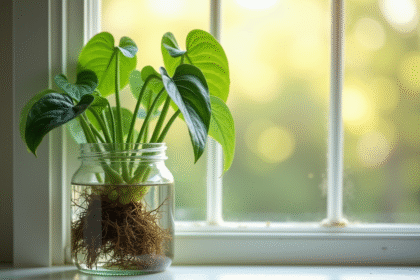 Pothos en racines visibles dans l'eau sur une fenêtre lumineuse