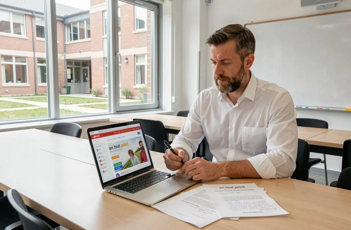 Professeur de linguistique annotant un document sur la grammaire française dans une salle universitaire moderne