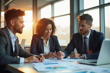 Trois professionnels en finance discutant à un bureau lumineux