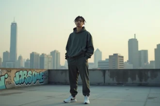 Jeune rappeur urbain sur un rooftop avec skyline