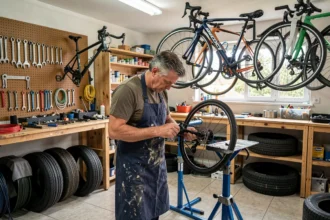 Atelier de réparation de vélos dans le Val-d'Oise avec mécanicien au travail sur un vélo en révision
