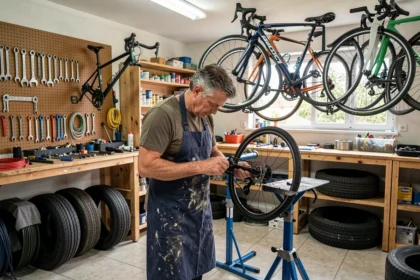 Atelier de réparation de vélos dans le Val-d'Oise avec mécanicien au travail sur un vélo en révision