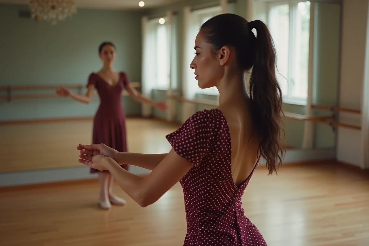 Jeune danseuse répétant les sevillanas en studio avec robe à pois bordeaux et reflet dans le miroir