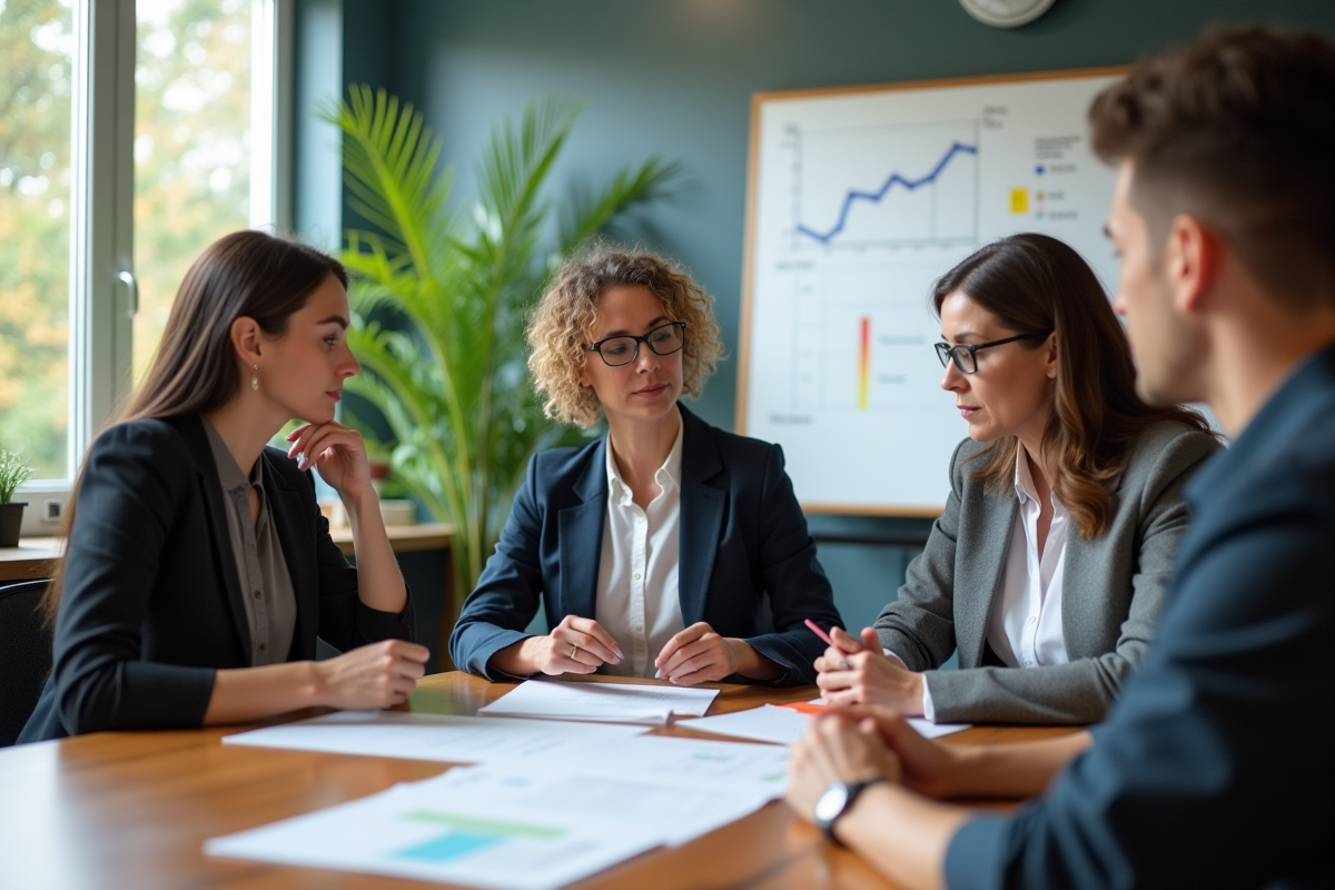 Groupe de professionnels RH en réunion dans une salle moderne