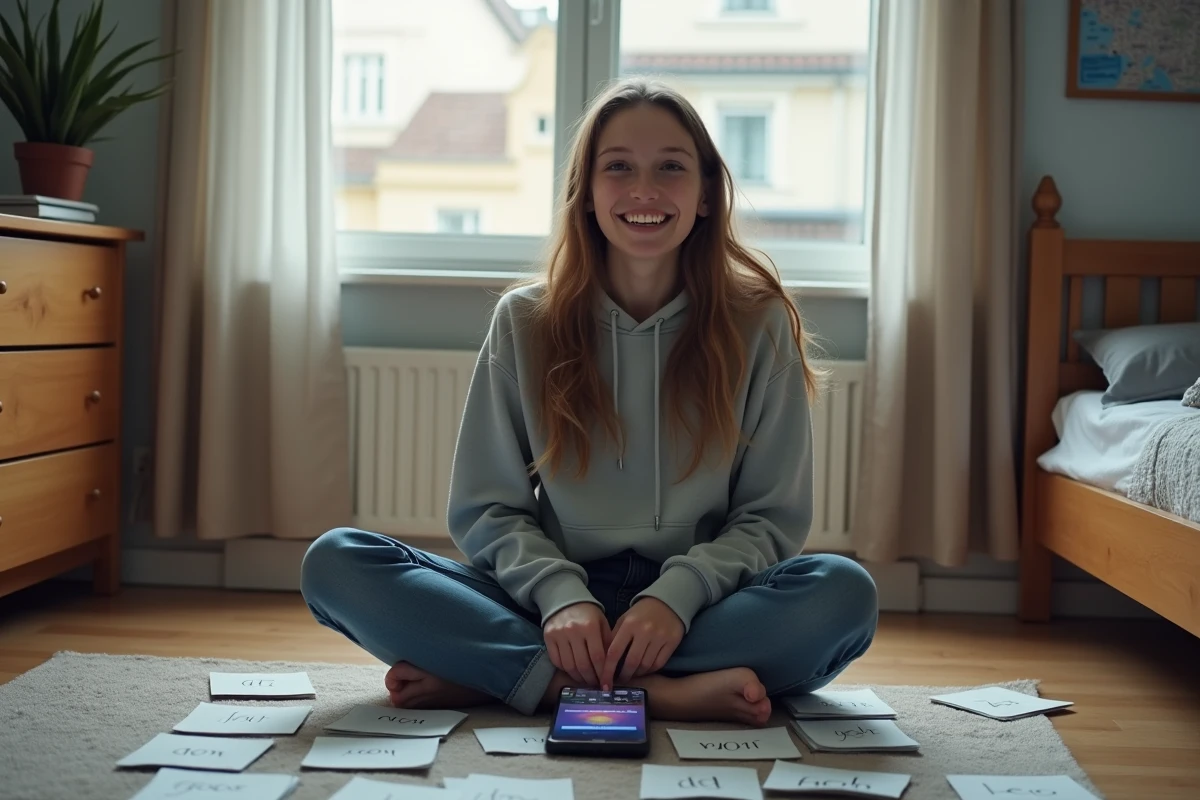 Adolescente révisant les Länder allemands avec des fiches mémoire et une application quiz sur smartphone