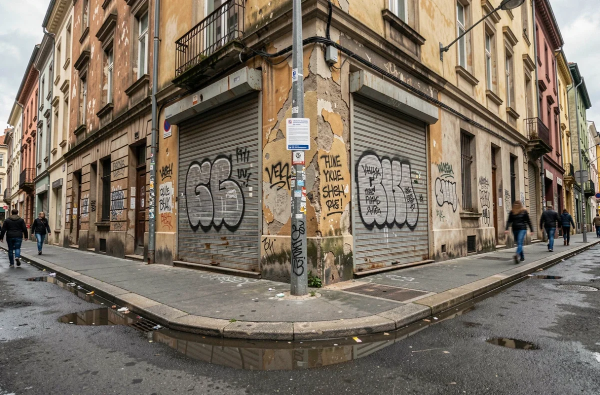 Rue étroite d'un quartier urbain dense avec façades usées et piétons, illustration d'un quartier chaud en ville