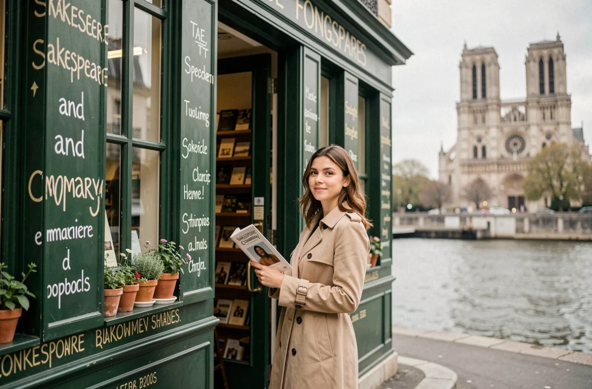 Façade verte emblématique de la librairie Shakespeare and Company à Paris avec une jeune femme tenant un livre à l'entrée