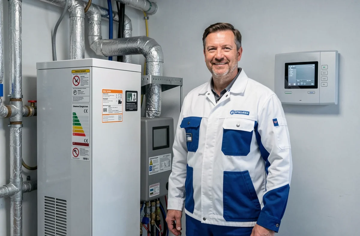 Spécialiste énergie et chauffage Six M Energie devant une pompe à chaleur installée en Saône-et-Loire