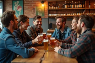 Groupe d'amis qui trinquent dans un bar chaleureux de Cholet lors d'une soirée animée