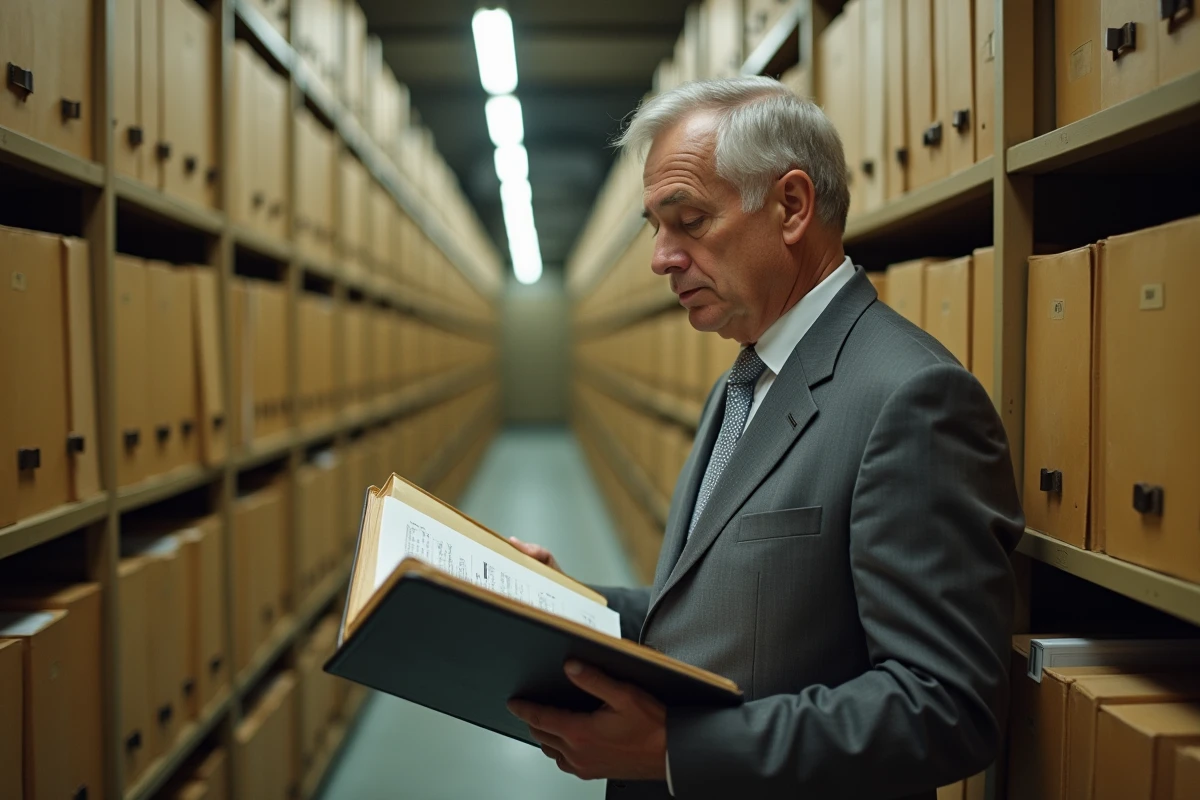 Statisticien senior de l'INSEE consultant des archives de recensement dans une salle de documentation officielle