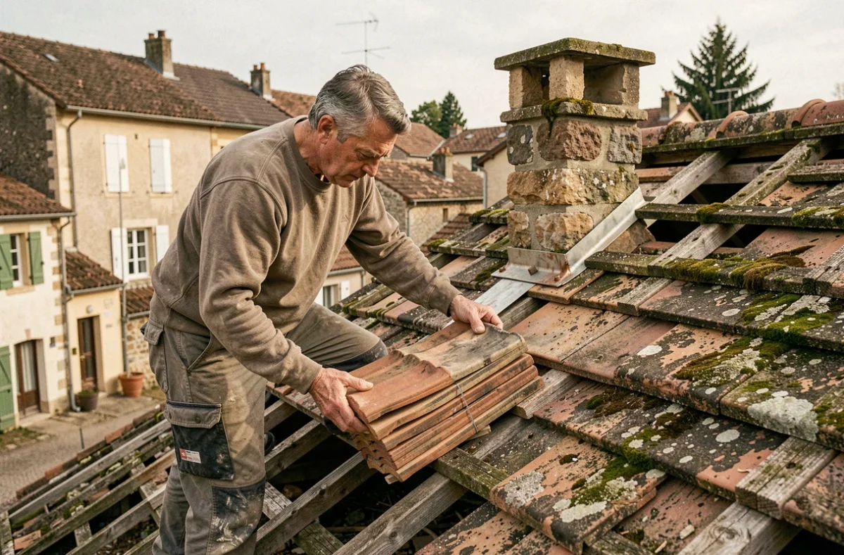 Spécialiste de STB Rénovation de l'Habitat retirant d'anciennes tuiles en terre cuite sur une maison en pierre en Corrèze
